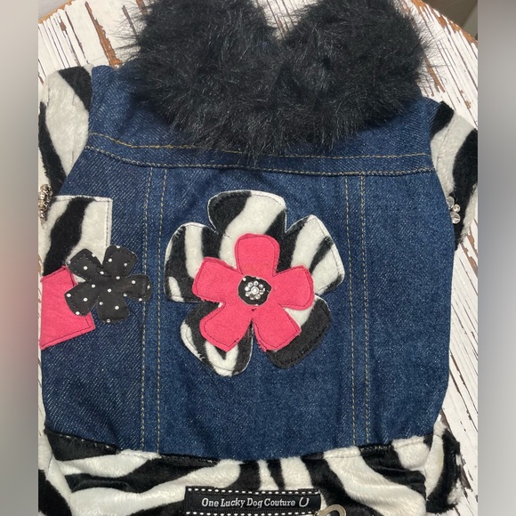 Stylish Pet Denim Jacket with Black and Pink Accents with Fur Collar  Medium